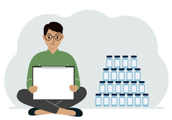A man holds a clipboard with a blank sheet of paper in his hands. There are many jars of vaccines nearby. Vector flat illustration