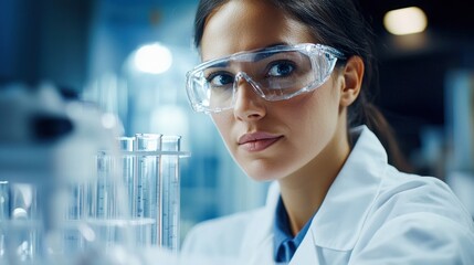 A focused female scientist in a laboratory wears safety goggles and a lab coat, surrounded by test tubes, highlighting scientific research and innovation.