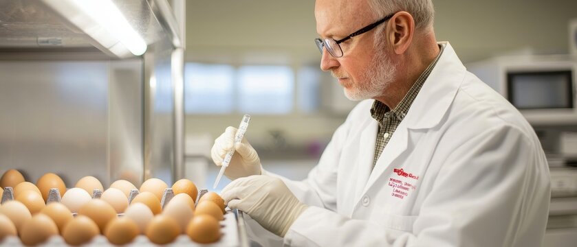 A scientist inspects eggs using a pipette in a laboratory, showcasing egg research and quality control in a clean, professional environment. - Powered by Adobe