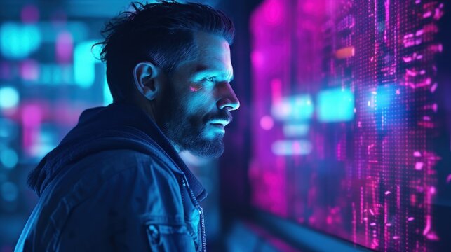 Cyberpunk Man Looking At Screen