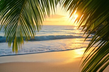 Fototapeta premium Palm Leaf Framing a Tropical Sunset Beach Scene