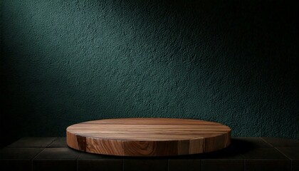 Realistic wood slice podium for showcasing products, set against a rich dark forest green backdrop