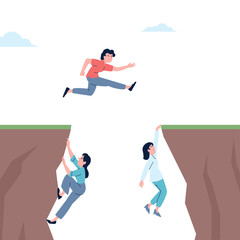 People climbing and jump over mountain hole. Career growth and development, self hard work without help and support. Vector scene