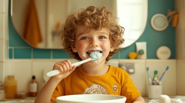 Happy young child with curly hair brushing teeth in a modern bathroom, looking in the mirror with a joyful expression.