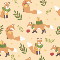Winter Christmas Seamless  pattern of fox vector illustration © Christiana