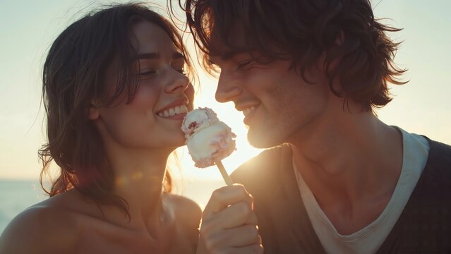 Young couple sharing ice cream on beach at sunset, joyful moment