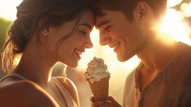 Young couple sharing ice cream on beach at sunset, joyful moment
