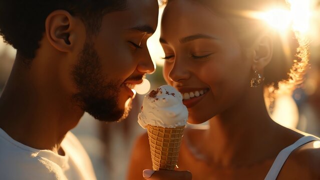 Young couple sharing ice cream on beach at sunset, joyful moment