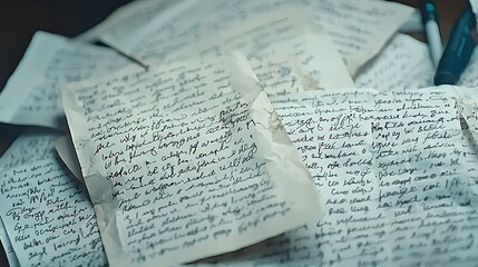 Fototapeta premium Abstract Manuscript: A blurred background of crumpled papers, overlaid with snippets of handwritten text. The words remain indecipherable, inviting interpretation. 