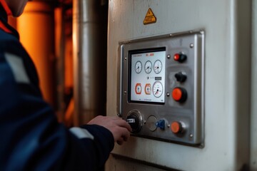 A factory worker is engaged with a holographic display, adjusting controls on a machine. The environment is industrial and busy, reflecting advanced technology in manufacturing settings.