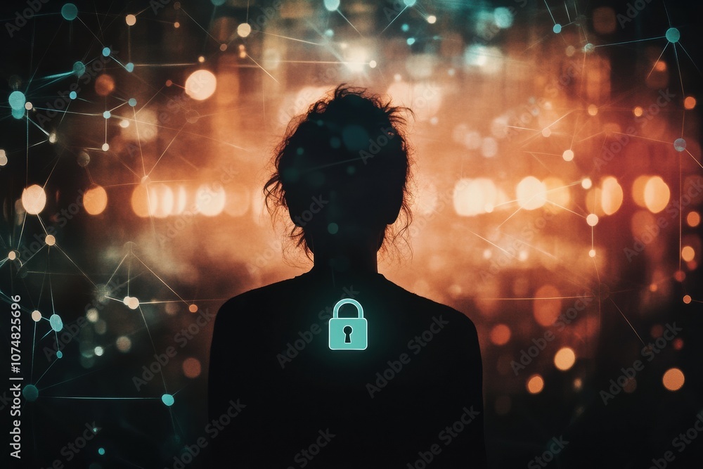 Poster a person’s silhouette emerges against a vibrant digital background, emphasizing privacy protection i