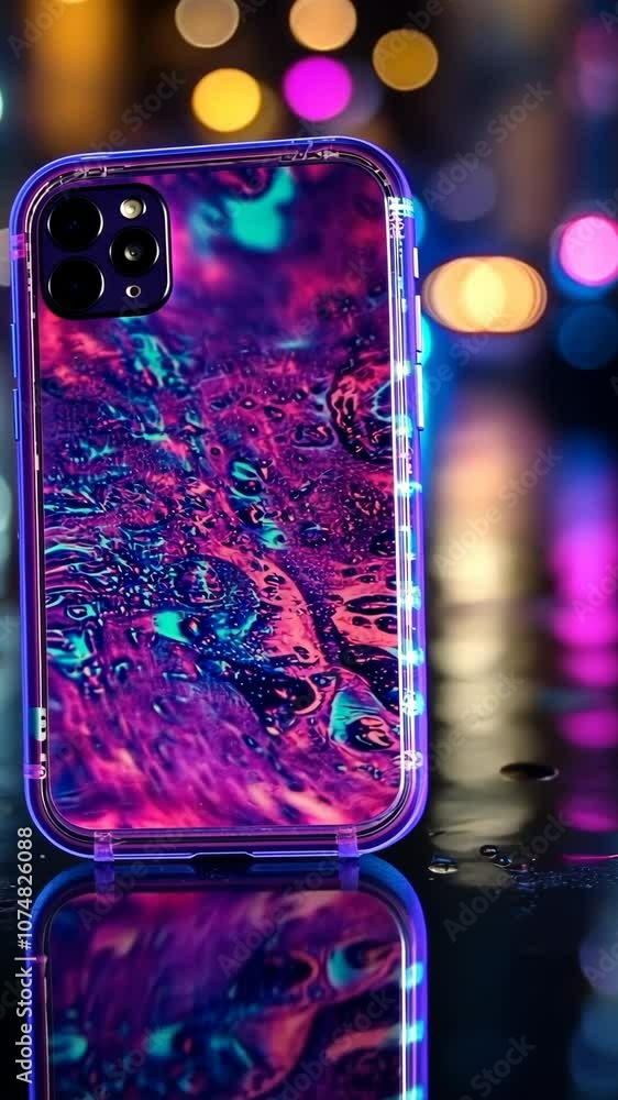 Poster a smartphone with a colorful case sits on a reflective surface with blurred lights in the background