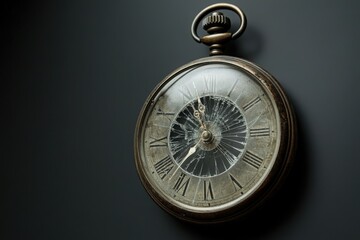 An antique pocket watch featuring a cracked glass face hangs against a dark background. The wear and tear reveal its age and history, making it a fascinating item for collectors or enthusiasts.