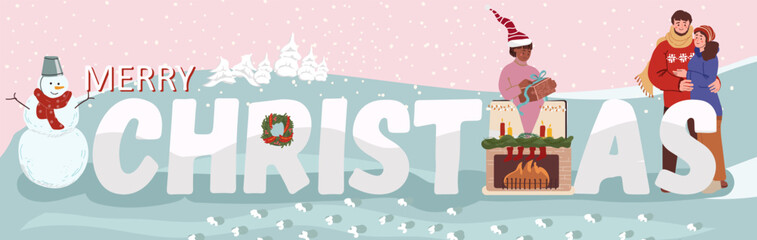 Merry christmas text. Color inscription with tiny people engaged in winter activities, Flyer, invitation, sticker, banner, vector illustration.