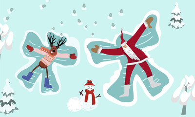 Santa Claus and Reindeer make angels in snow vector illustration   hand drawn art, snowman, christmas tree.