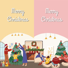 Vertical banners Merry Christmas, Christmas preparations at home, indoors, happy people, family. Hand drawn vector illustration.