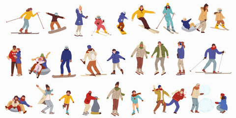 Collection, set of male and female  characters performing winter activities. Set of men and women dressed in outerwear skiing, ice skating, snowboarding, playing in the snow. Flat vector illustration.