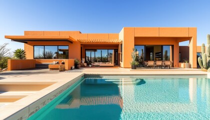 Fototapeta premium Vibrant modern home featuring a pool with tan accents against a clear sky.