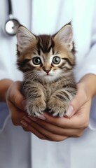Obraz premium Kitten. Tiny Fluffy Cat In Hands Of Vet Wearing A Medical White Coat And Stethoscope