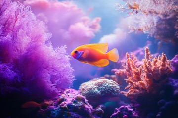 Obraz premium Orange Fish Swimming Near Purple Coral in an Aquarium