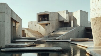 Brutalist design featuring rough, unadorned concrete and large-scale geometric structures