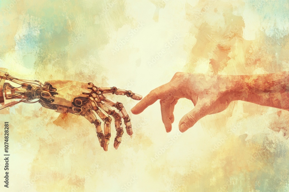 Poster a human hand extends towards a robotic hand in a moment of potential unity and collaboration between