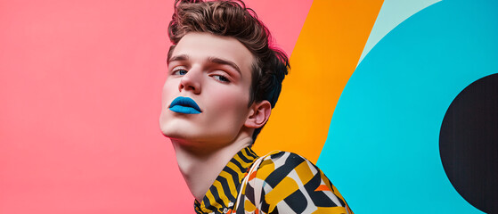 Fototapeta premium Young Man with Blue Lipstick Posing Against Colorful Background