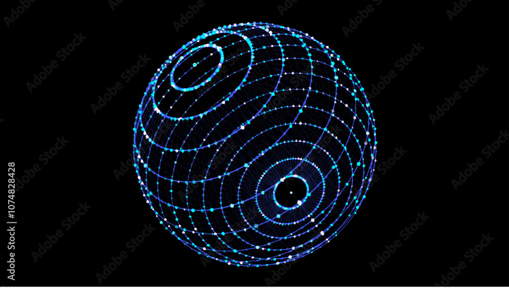 Aufkleber abstract blue sphere on black background. wireframe circle structure with glowing particles. futuris