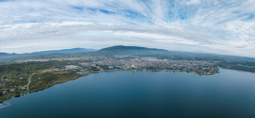 Panoramic aerial view of Villarrica city by the lake on a cloudy morning. Araucania Region, Chile