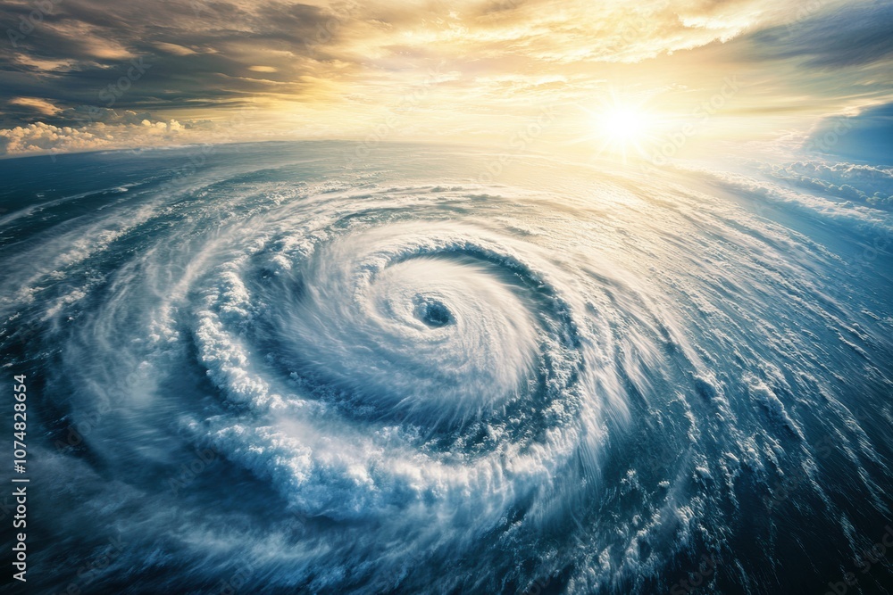 Poster A powerful hurricane is seen developing in the open Atlantic Ocean, characterized by strong winds and swirling cloud patterns at sunset. Generative AI