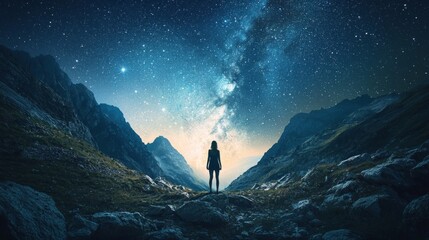 person gazes up stunning night sky filled stars standing rocky terrain mountainous area surrounded natural beauty and tranquility.