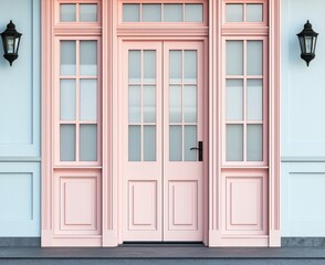 Elegant exterior with soft pink wooden doors and clear glass, ideal for upscale homes.