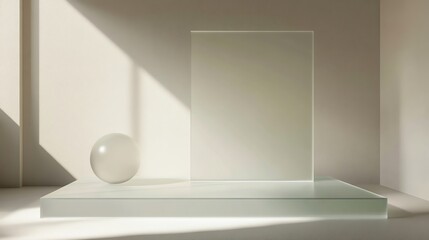 Fototapeta premium Minimalistic display with a transparent cube and sphere on a soft background, perfect for modern designs.