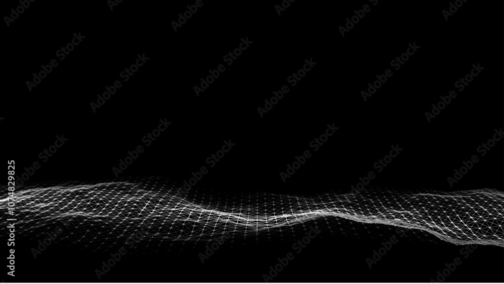 Poster abstract wave with light on black background. science background with moving dots and lines. network