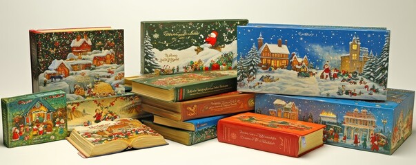A collection of festive storybooks and decorative boxes featuring winter scenes.