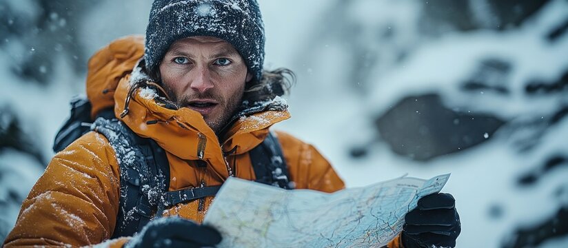 Man Looking at a Map in the Snow