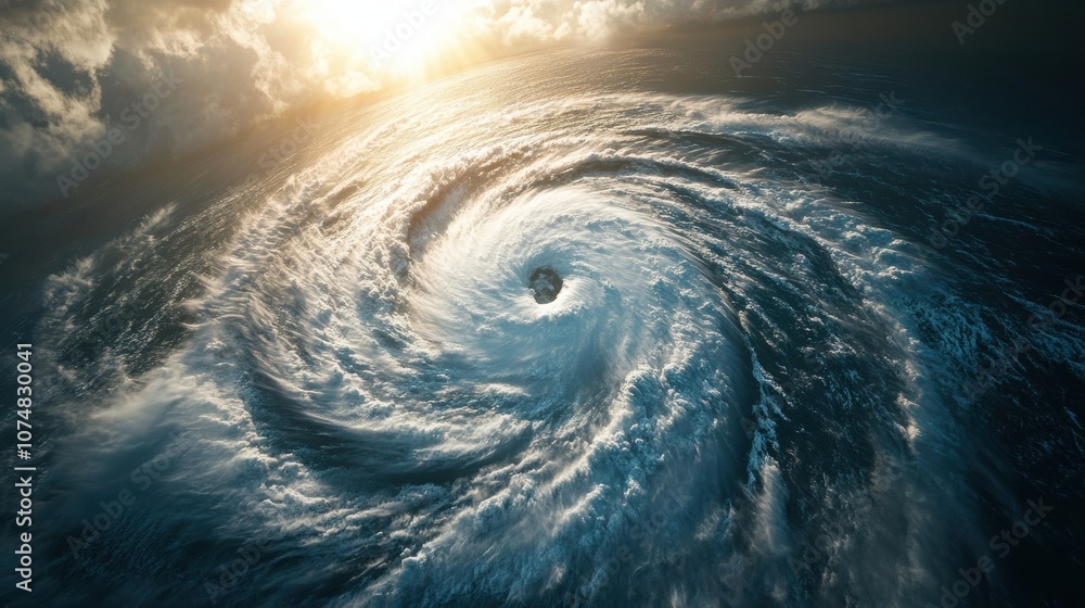 Poster a colossal hurricane is developing in the ocean, showcasing powerful winds and swirling clouds under