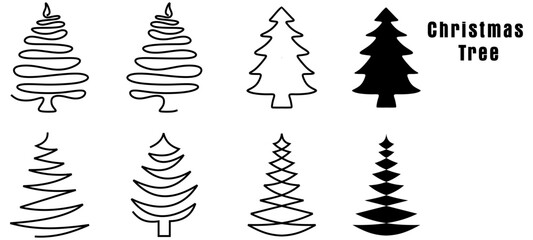 Christmas tree line drawing. Fir tree symbol, vector icon. Holiday design elements isolated on white. Simple shape concept. For winter season cards, New year party posters and banners