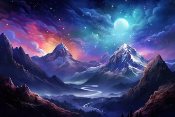 Metaverse in Watercolor style landscape astronomy panoramic.