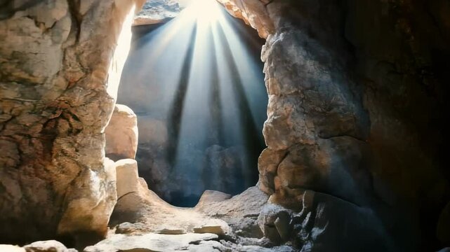 Christianity, religion, faith, religious, Faithfulness of God, Jesus birth, Easter resurrection of Jesus Christ concept. Empty tomb with stone rocky cave and light rays bursting from within