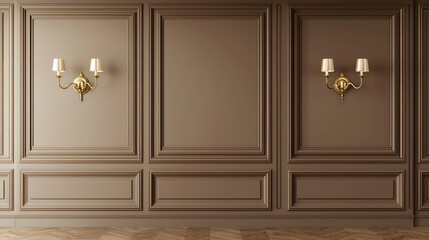 Traditional interior with taupe walls, wood panels, and brass lights.