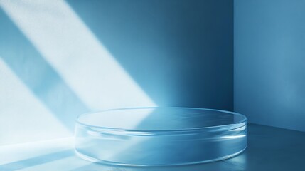 Modern glass podium with soft lighting in a minimalist blue room.