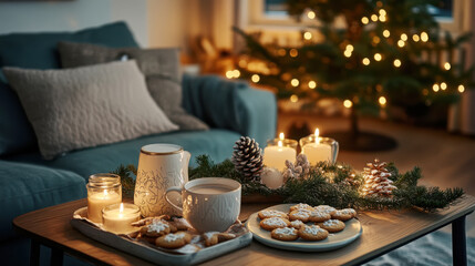 Naklejka premium Cozy christmas coffee table with festive cookies and candlelight decorations