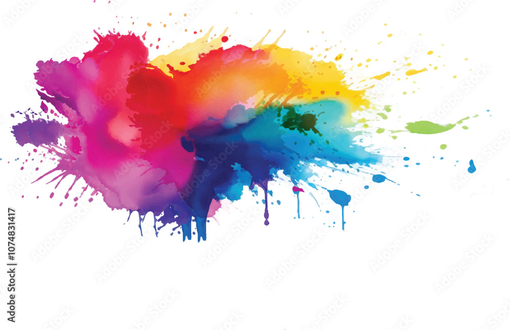 Wall mural Bright colorful watercolor splash splatter stain brush strokes on white background. Modern vibrant aquarelle spot. Aquarelle explosion on white. Element. Vector watercolor illustration isolated design