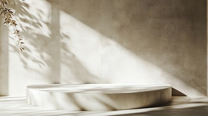 Modern minimalist interior featuring natural light and soft shadows on a unique stone surface.