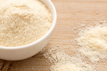 Organic gelatin powder also called hydrolyzed collagen - White powder in the bowl