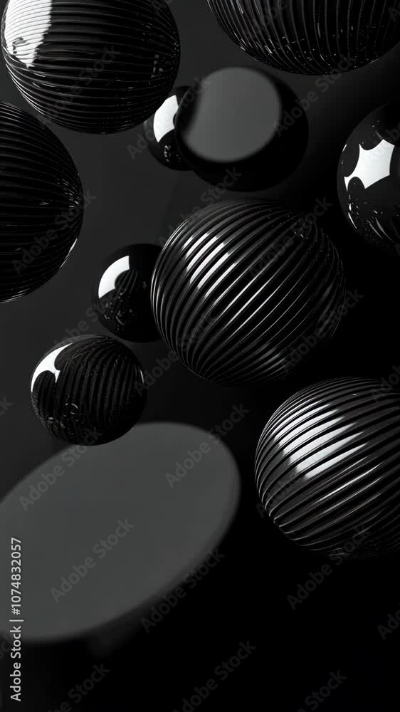 Poster black spheres with a grooved texture float against a dark backdrop
