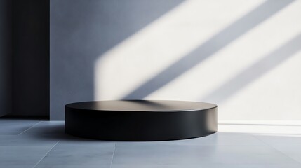 Round black podium on a minimalistic background with soft shadows casting from the wall.