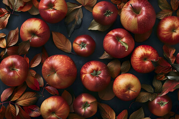 top view of ripe tasty apples and autumnal foliage, panoramic shot