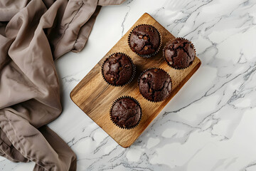 top view of fresh chocolate muffins on white plate and brown napkin near fork on marble surface